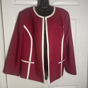 Evan-Picone Blazer Women 22W Crimson Red Cream Open Front Piped Trim Black Label